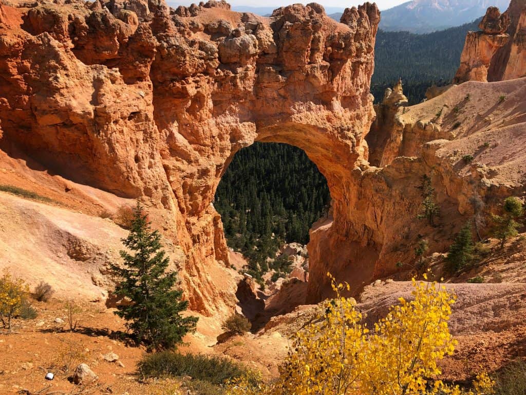 Natural Bridge sandstone arch carved into red rock at Bryce Canyon